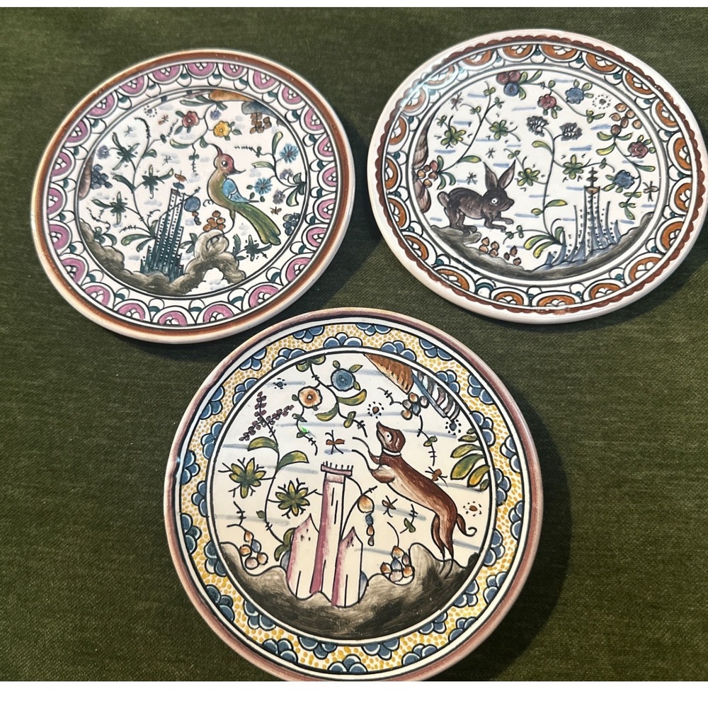3 Estrela de Conimbriga Portugal Hand Painted 5" Sec XVII Plates Faience Pottery